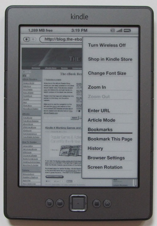 kindle reader menu browser ebook